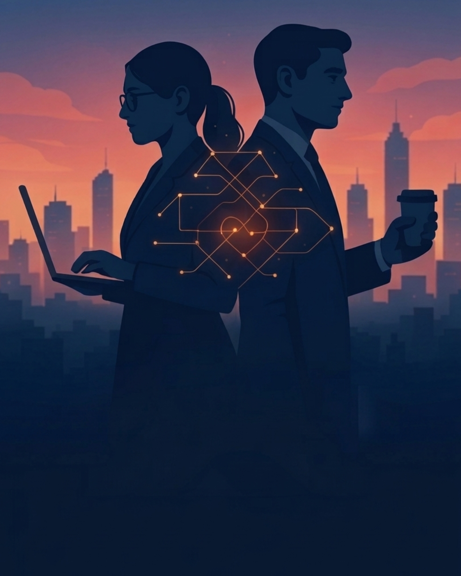 Concept image for The Algorithm of Us — glass-tower Sydney CBD at dusk, two figures with laptops on opposite sides of a meeting room, late-night fluorescent + warm lamp mix.